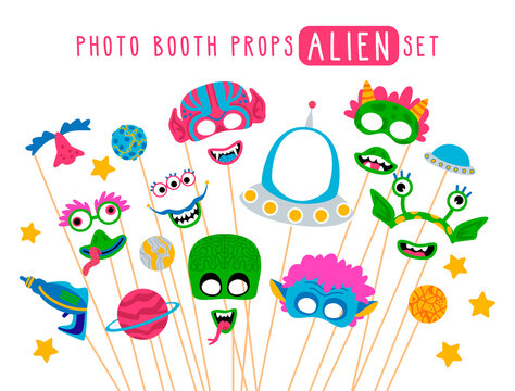 Collection of photo booth props for kids alien party. Cute vector cartoon masks and elements for funny photos.
