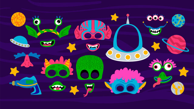 Collection of photo booth props for kids alien party. Cute vector cartoon masks and elements for funny photos.
