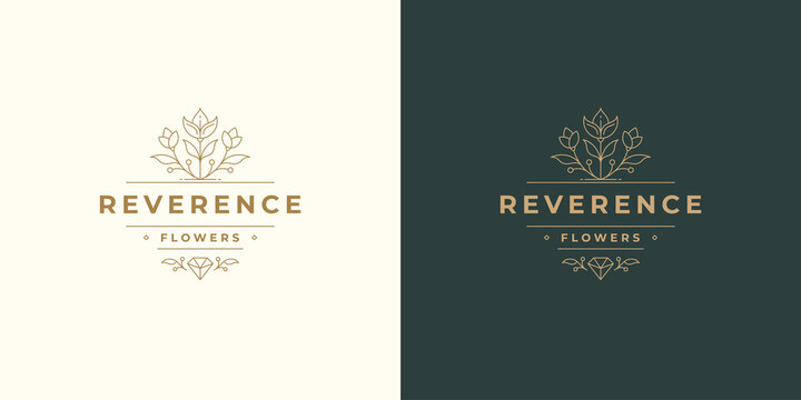 Flower line and branch with leaves vector logo emblem design template illustration simple minimal linear style.
