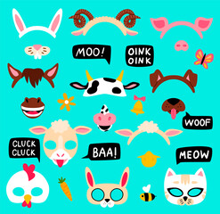 Collection of photo booth props for kids farm animals party. Cute vector cartoon masks and elements for funny photos.  © Borisovna.art
