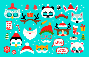 Collection of winter animal masks and Christmas photo booth props for kids. Cute cartoon masks and elements for a party.  © Borisovna.art