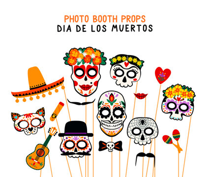 Photo booth props for Dia de los Muertos. Vector collection.