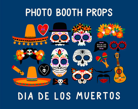 Photo booth props for Dia de los Muertos. Vector set.