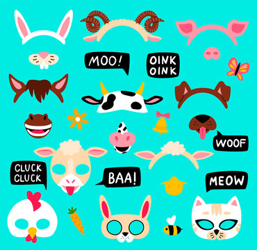 Collection of photo booth props for kids farm animals party. Cute vector cartoon masks and elements for funny photos.
