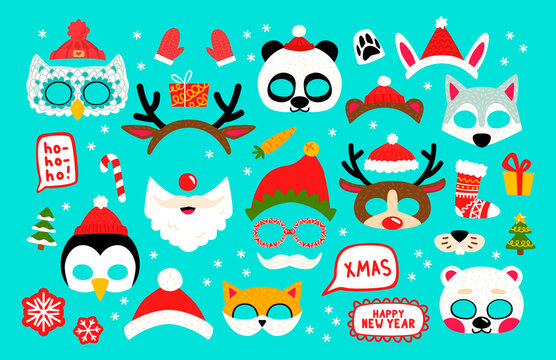 Collection of winter animal masks and Christmas photo booth props for kids. Cute cartoon masks and elements for a party.
