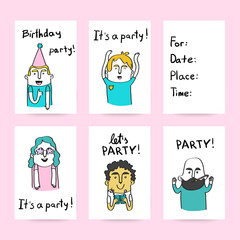 Party card templates with hand drawn happy people in black and white. Vector art.
