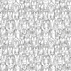 Hand drawn people seamless pattern. Vector illustration in black and white. 

