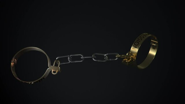 4k concept animation of brass type virtual shackles or handcuffs with oppression text struggle and eventually break the chain. Comes with the Alpha Matte.