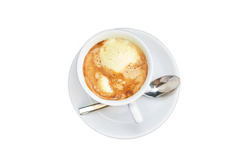 Affogato coffee with ice cream in a ceramic cup on a white background