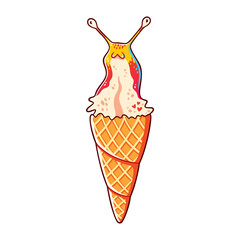 Achatina snail in a waffle cone, a weird but cute animal ice cream. Design for stickers, t-shirts, posters, cards. Isolated on white background