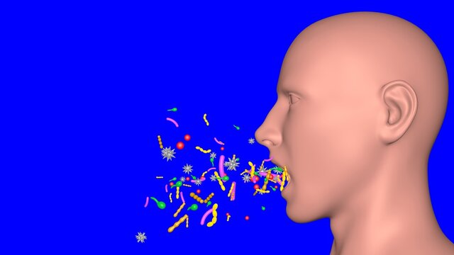 Person coughing , releasing germs from mouth. Airborne microdroplets , disease emitted from open mouth , coughing , talking.  3d rendering illustration . Isolated on Blue screen background