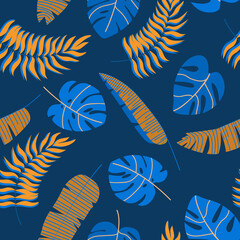 Seamless pattern with tropical leaves on a dark background in orange and blue colors. Cute vector illustration for decor, textiles, Wallpapers and covers.