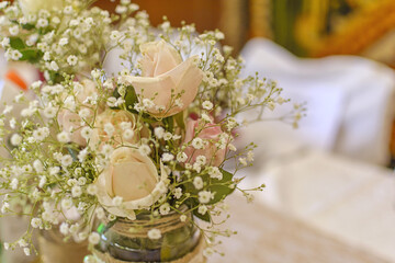 Beautiful flowers on table in wedding day