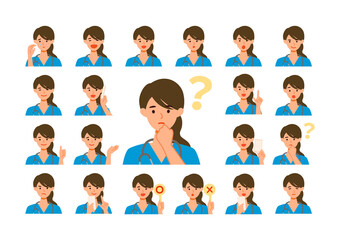 Face expressions of a healthcare professional woman in scrub. Different female emotions and poses set.