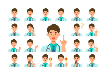 Face expressions of a doctor man in lab coat. Different male emotions and poses set.