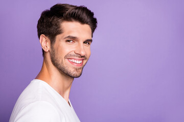 Close-up profile side view portrait of his he nice attractive content brown-haired cheerful cheery...