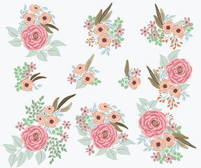 Set of bouquets with antique roses, feathers, daisy, marguerite. Folk style millefleurs. Floral background for textile, wallpaper, covers, surface, print, wrap, scrapbooking, decoupage.