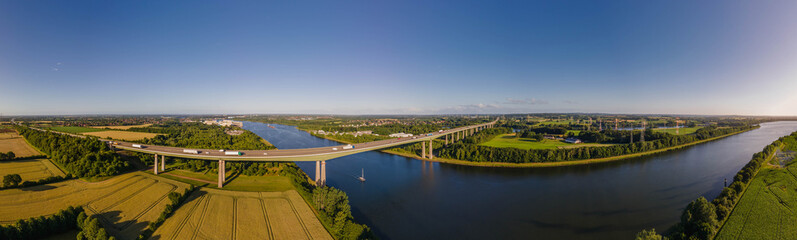 Panoramic aerial view of the bridge over the Kiel Canal by Rader high bridge