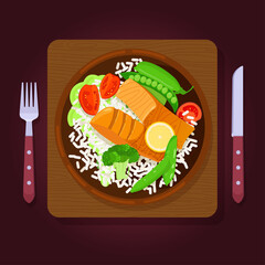 Two piece of grilled salmon steaks with rice and vegetables on wooden background. Top view. Vector illustration