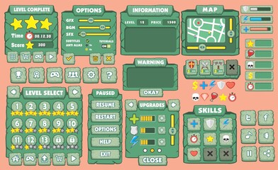 Platform Game User Interface For Tablet, Illustration 
of a platform game user interface, in cartoon style with 
basic buttons and icons for tablet pc
