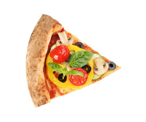 Slice of delicious pizza isolated on white, top view