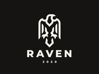 Raven linear logo. Hawk heraldic emblem design editable for your business. Vector illustration.
