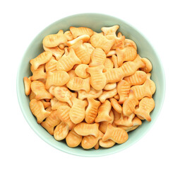 Delicious goldfish crackers in bowl isolated on white
