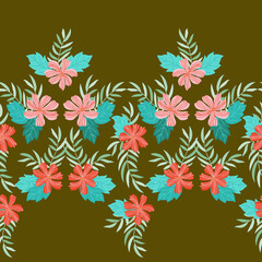 Obraz premium Seamless pleasant border in cute flowers. Millefleurs. Floral background for textile, fabric manufacturing, wallpaper, covers, surface, print, gift wrap, scrapbooking, decoupage.