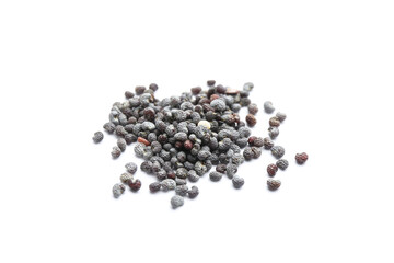 Pile of dry poppy seeds isolated on white
