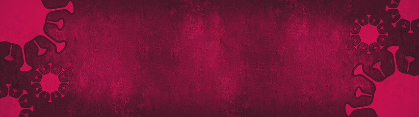 Fototapeta premium CORONAVIRUS - Pink cartoon virus isolated on dark pink black abstract rustic texture background banner panorama, top view with space for text