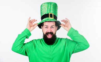 Man bearded hipster wear green clothing and hat patricks day. Saint patricks day holiday. Green...