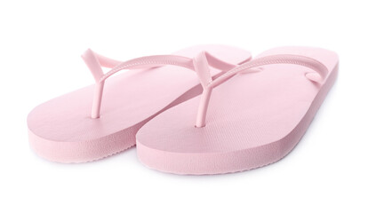 Fototapeta na wymiar Light pink flip flops isolated on white. Beach accessory