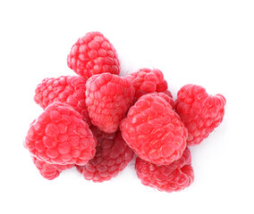 Pile of fresh ripe raspberries isolated on white, top view