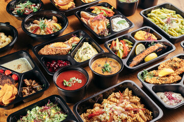 group of food in plastic dish on table. take away food