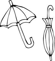 Vector illustration of open and closed umbrellas in the Doodle style. Black outline on an isolated white background. The concept of bad weather, rain, seasonality, sun, thunderstorms, protection