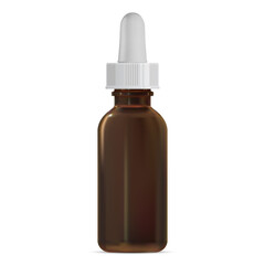 Brown bottle with dropper for serum or essential oil. Clear medicine vial mockup for collagen aging liquid, face care natural treatment. Amber glass jar with eyedropper cap for face care liquid