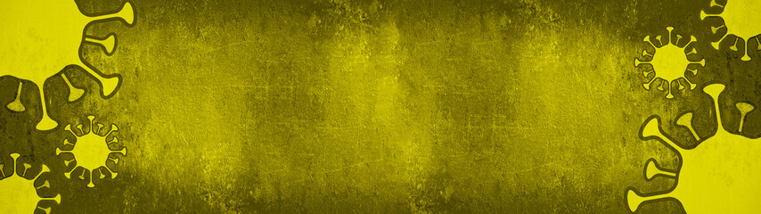 CORONAVIRUS - Yellow cartoon virus isolated on dark yellow black abstract rustic texture background banner panorama, top view with space for text