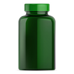 Pill bottle mockup. Green plastic supplement jar for vitamin drug. Small round package with cap for pharmaceutical medicament. Medical remedy container blank design