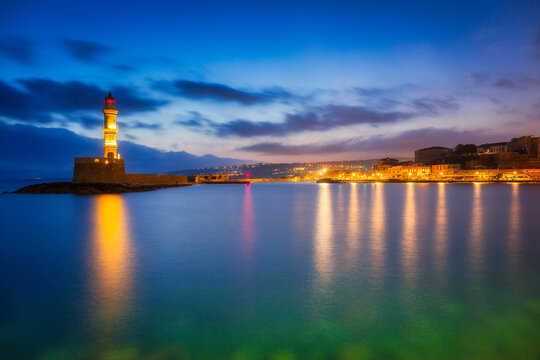 Lighthouse of the old Venetian port in Chania, Crete. Greece