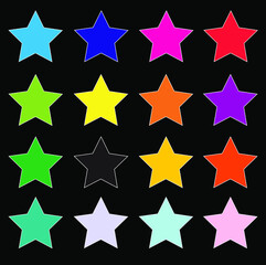 16 bright vibrant solid colored star vector icon set on black background. Education, exciting, birthday concepts.	