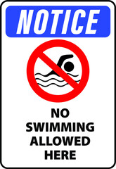 NO SWIMMING ALLOWED DO NOT SWIM BANNED PROHIBITED DEEP WATER FLASH FLOODS RISK NOTICE WARNING SIGN VECTOR ILLUSTRATION EPS