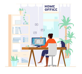 Afro American Woman Working At Computer From Home Back View. Home Office Interior. Freelancer At Work. Flat Vector Illustration.