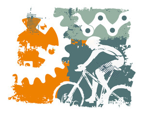 
Cyclist and bicycle parts bacground.
Colorful grunge stylized illustration with cyclist and bicycle parts. Vector available. 