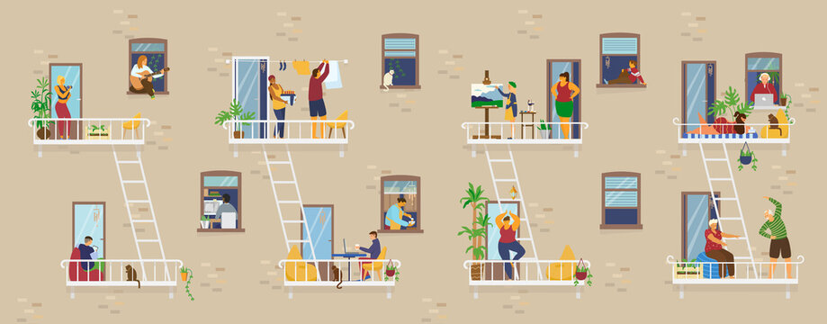 Social Distancing Concept.People in windows and balconies at home doing different activities: exercising, studying, playing guitar, working, doing yoga, cooking, reading. Flat Vector Illustration.