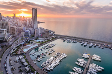 Naklejka premium Sunset over Zaituna Bay of Mediterranean Sea in Beirut, capital city of Lebanon
