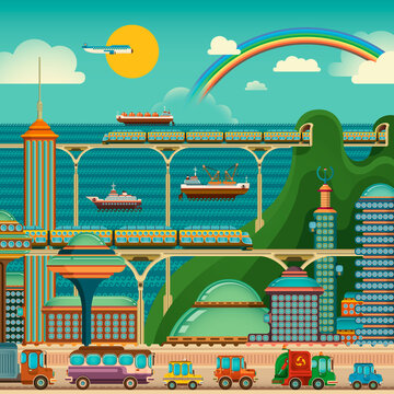Modern city scene with buildings and traffic. Vector illustration.