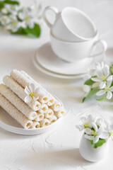 Delicate sweet cookies in the form of tubes in coconut flakes filled with vanilla cream on a white plate 