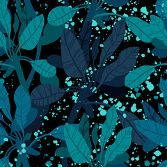 Seamless hand drawn tropical vector pattern with exotic palm leaves and various plants on dark blue indigo background.