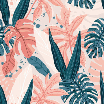 Seamless hand drawn tropical vector pattern with exotic palm leaves and various plants on light background.