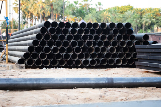 Black Steel Pipe Bundles At The Construction Site